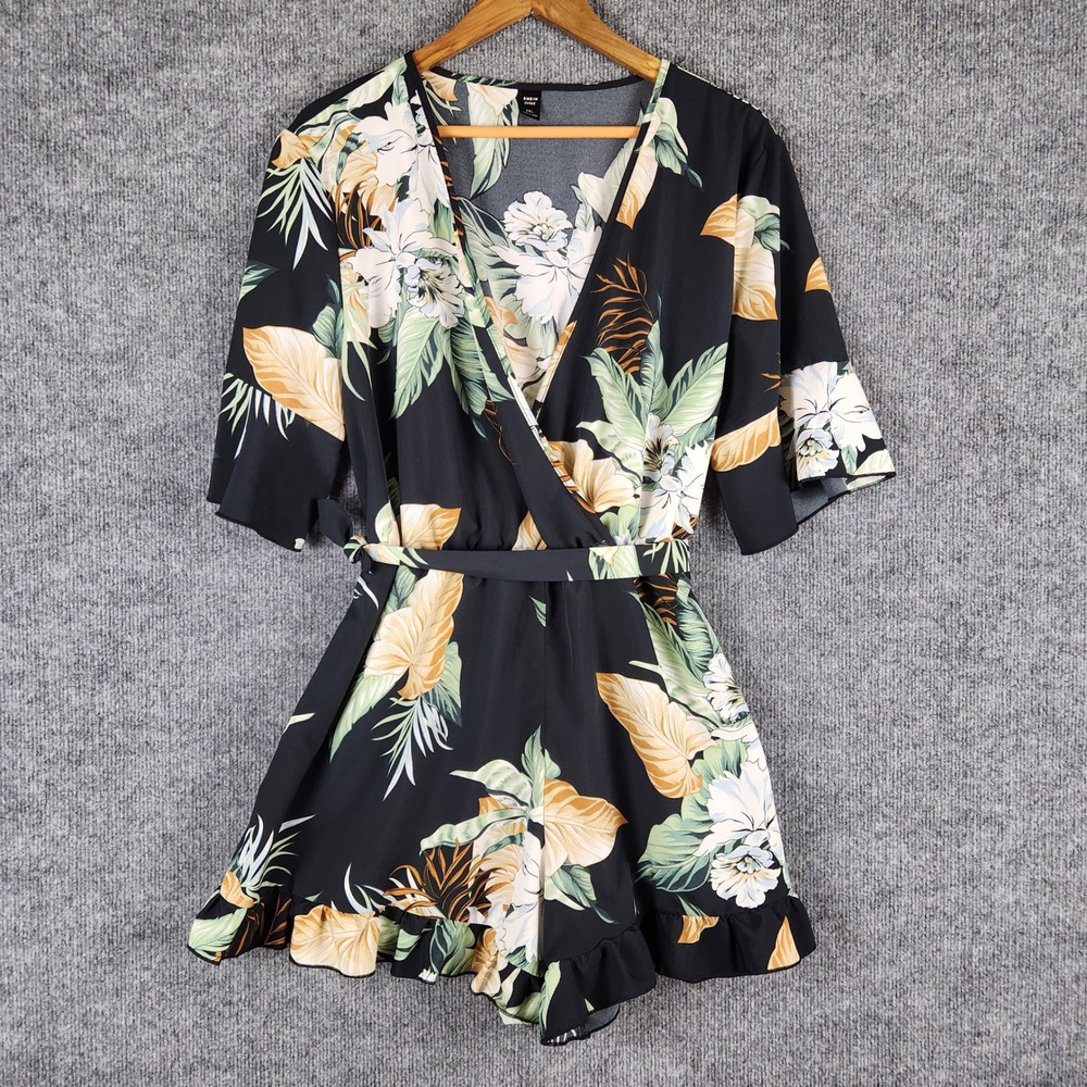 SHEIN Curve Romper Floral Black Tropical Wrap V-Neck Ruffle Hem Size 2XL